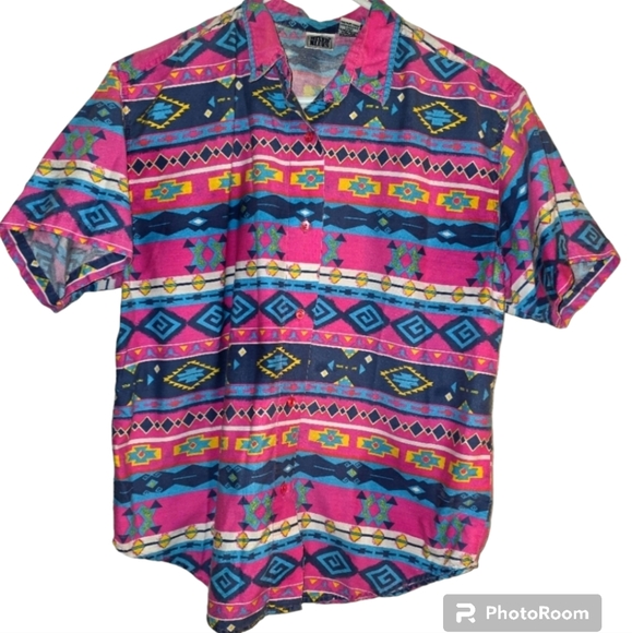mixed blues Other - Vintage 80's Southwest Colorful Short Sleeve Button-down